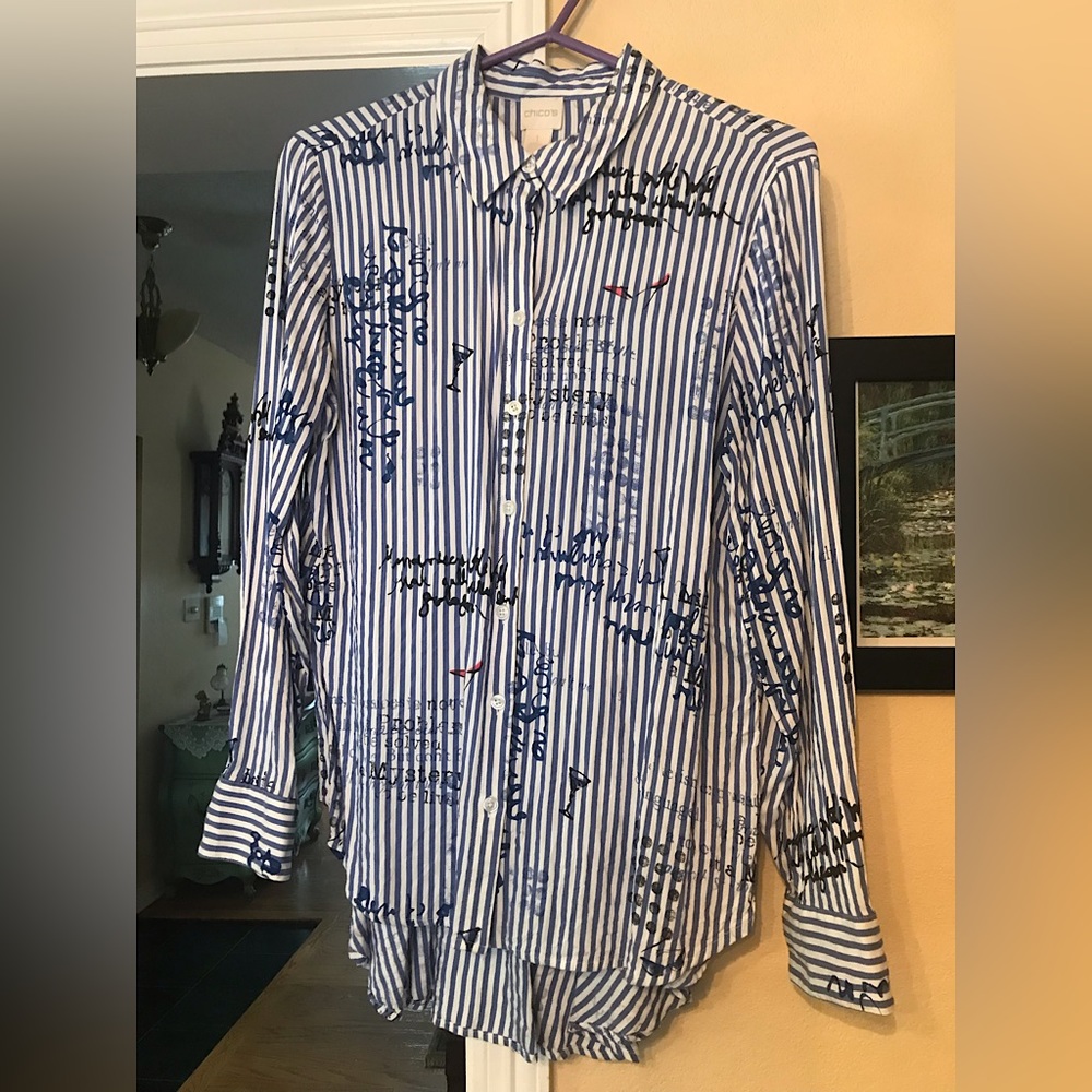 Chico’s Blouse 8-10, long in the back for extra coverage!